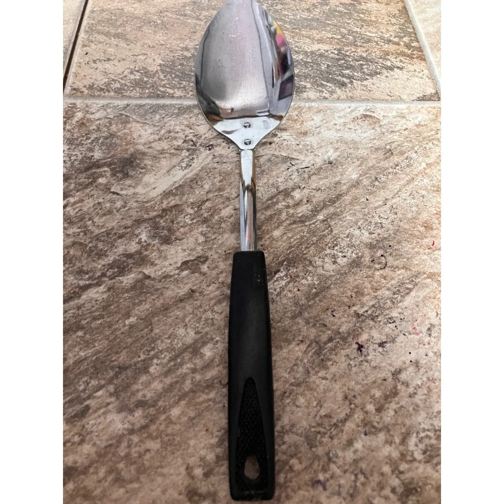 Vintage Japan Stainless Steel Serving Spoon Black Handle 11 Inch Mid Century